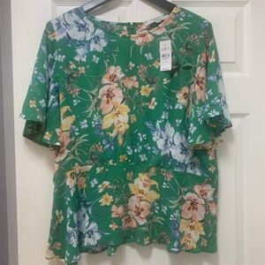 Loft Floral Peplum Flutter Sleeve Top - Green 14